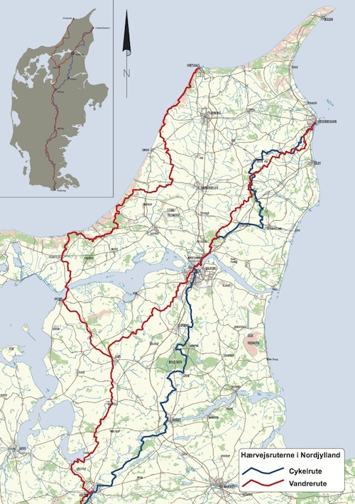 Kort over Hærvejens vandre- og cykleruter i Nordjylland
